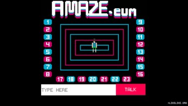 Screenshot of the lobby. The A MAZE. logo at the top, with 23 numbered exit doors to the participants' individual rooms.
