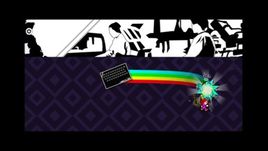 A screenshot of the game. Shows a horizontal slice of one of Kayleigh's storyboard images, with a ZX Spectrum shooting to the left of an explosion, leaving a rainbow trail in the colours of the Spectrum.