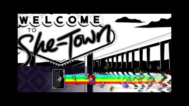 A screenshot of the game. Shows another of Kayleigh's storyboard images, including a sign that reads 'Welcome to She-Town'.