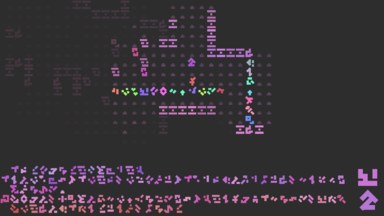 A screenshot of the game. The player is surrounded by enemies, with one enemy shooting a line of bright glyphs to its left, and a similar line of bright glyphs forming a laser barrier and blocking the player's path.