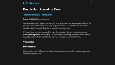 The page for the game 'Pass the Beat Around the Room, showcasing the site's tags system, and a variant of the base game.