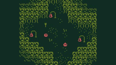 Screenshot of the game. Light green trees and grass against a dark green background, with 3 pink bells, an NPC and the player.