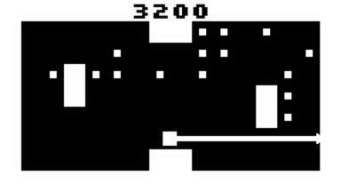 A screenshot of the game with none of the game feel elements activated. The game is entirely black and white, with blocky visuals.