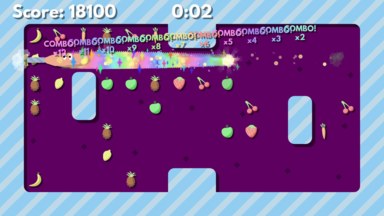 A screenshot of the game with all of the game feel elements activated, and the player is in the middle of a long combo, with multiple particle effects etc.
