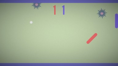 Screenshot of the game. It looks like pong, but one of the players is moving about the field and there are apples.