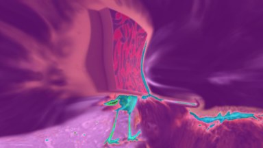 A screenshot of the work. A distorted collage of a painting and the lower half of a wading bird, in deep purples and pinks.