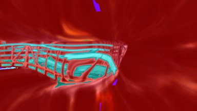 A screenshot of the work. A distorted cyan and pink structure surrounded by fencing, against a field of blurred red-orange.