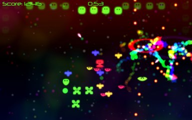 Screenshot of the game. A mess of primary-coloured neon sprites and particles over a dark, multicoloured nebula background.