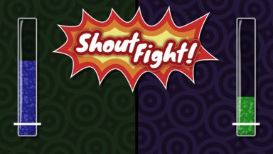 Screenshot of the game. The game's 'ShoutFight!'' logo is visible, with 2 VU meters either side of the screen; blue on the left; green on the right.