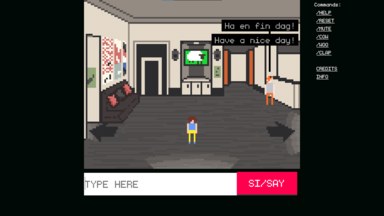Screenshot of the main lobby, again a pixellated rendition of the actual museum lobby, by James Morwood. An NPC is saying 'Ha en fin dag!' and 'Have a nice day!'