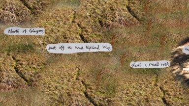 A screenshot of the game. The words 'North of Glasgow, just off the West Highland Way, there's a small rock' against a collage of grasses.