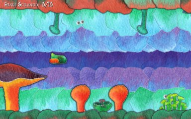 Screenshot of the game. A side-scrolling shooter in stylised, vivid watercolours. The player's ship is in the centre of the screen within a cave. Brightly coloured fungi are scattered along the roof and floor of the cave. At the top left is the text: 'Fungi Scanned: 3/13'.
