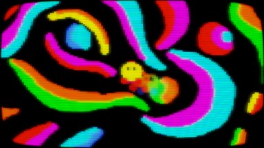 Image from this is a refuge. The game is heavily pixellated with a slightly wonky CRT shader. The player is a rainbow-coloured blob, traversing a landscape of vivid abstract shapes.