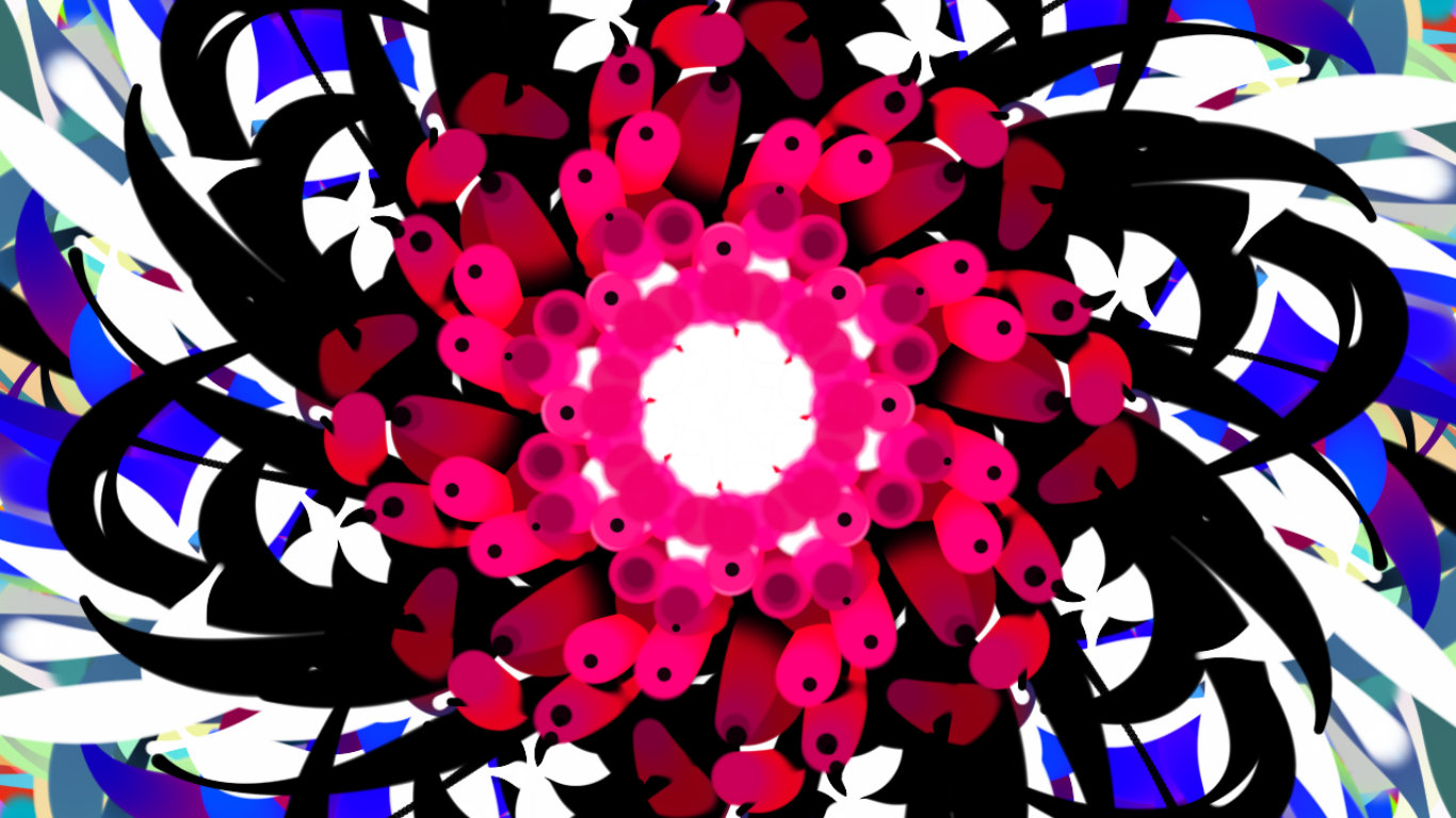 A screenshot of the instrument's output. A mandala of pink, white, black and blue, spiralling out from the centre of the screen.