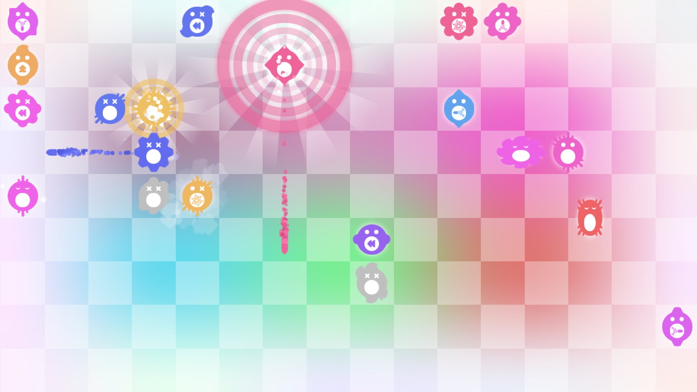 A screenshot of the game. A 16 by 9 grid, with multiple abstract characters in the midst of a deathmatch.