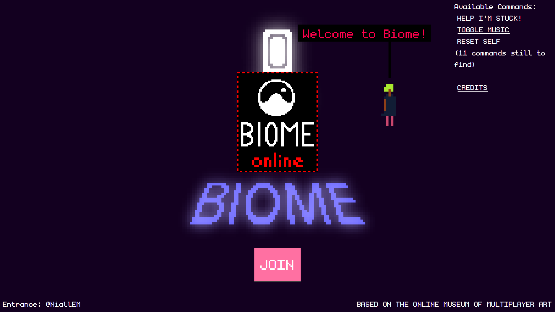 Screenshot of the gallery as it appears before you login/join. There is a logo that says 'Biome Online', a Join button, an NPC saying 'Welcome to Biome!'', and a glowing white door.