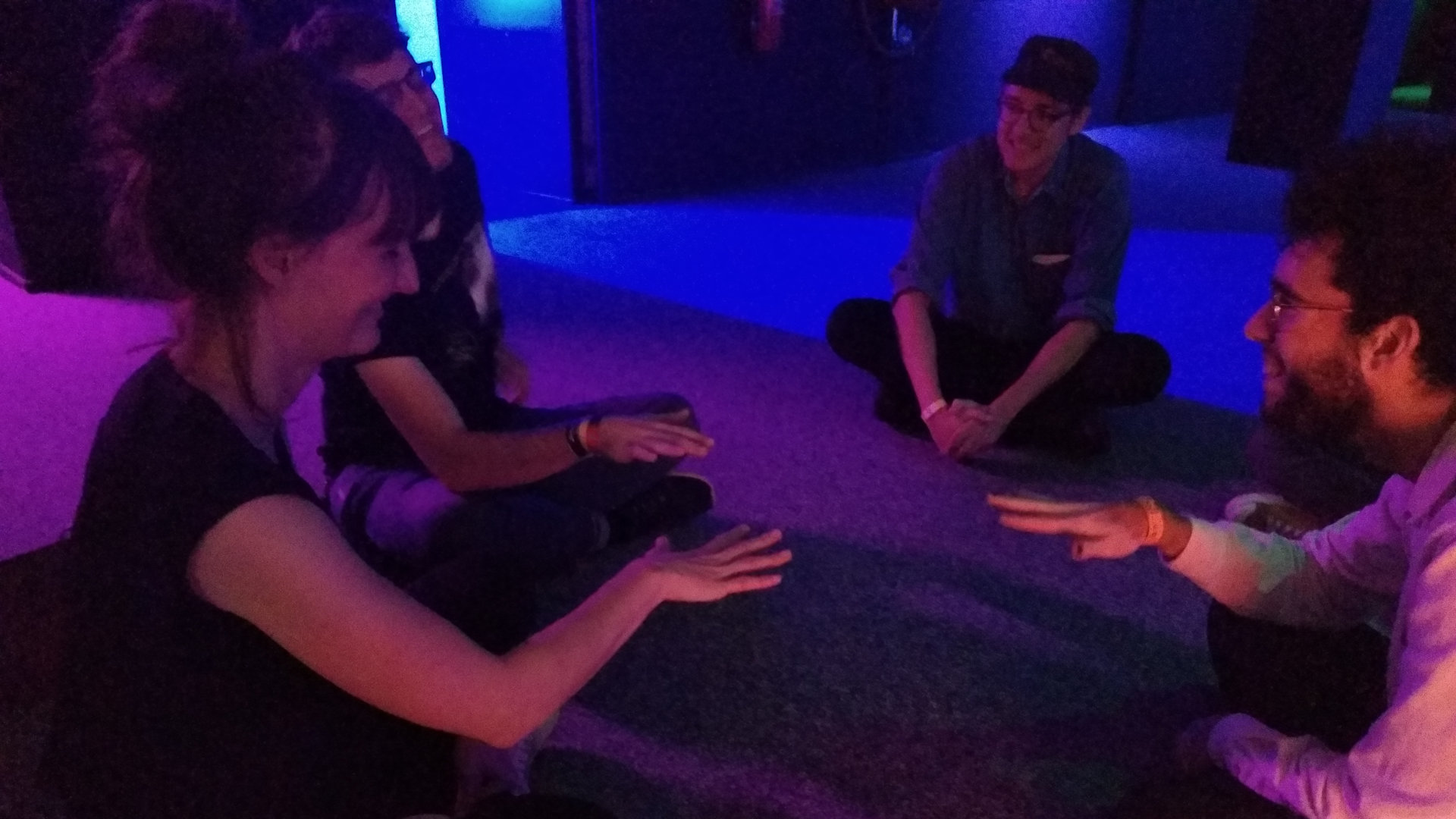 Photo of a workshop run at the Overkill Festival. Here we're playing the game Fives.