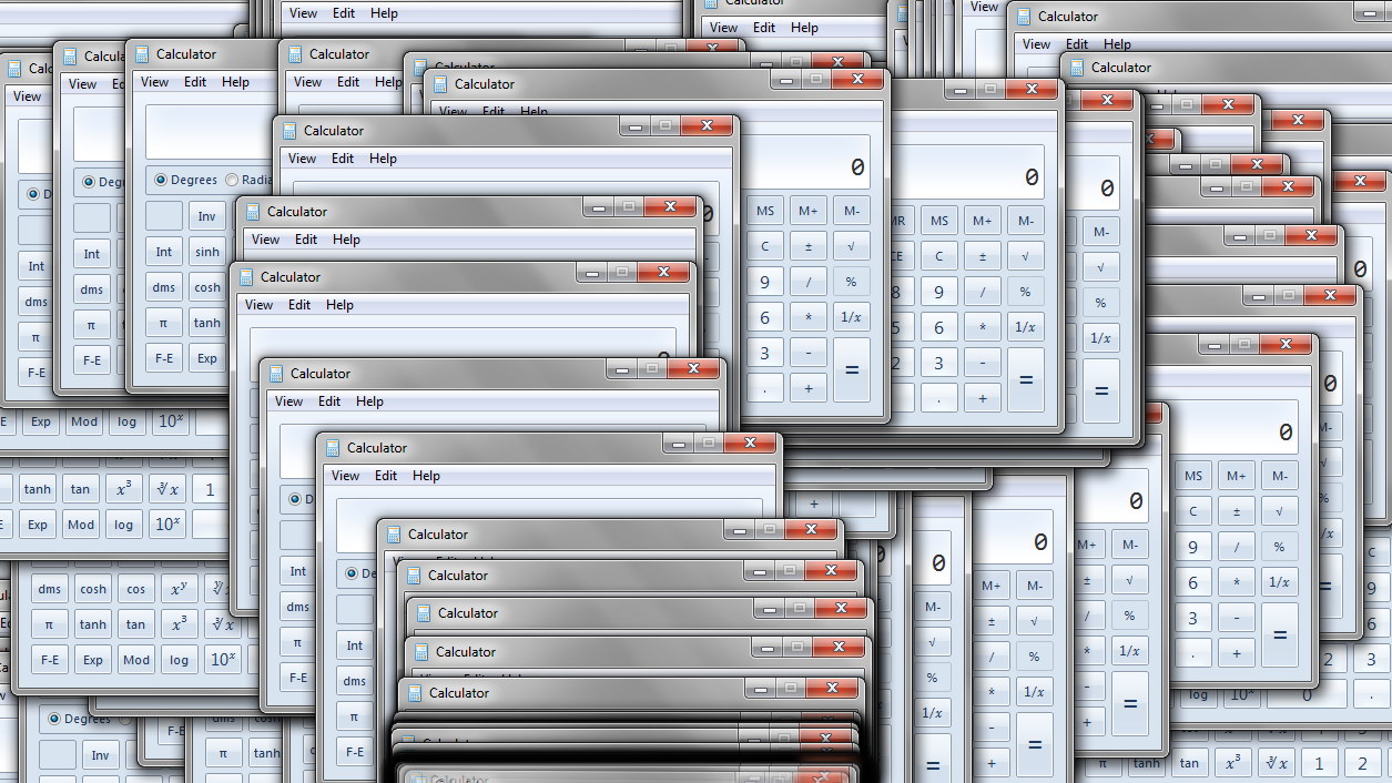 Output from the software: Multiple Windows Calculators stacked and overlaid on top of each other.