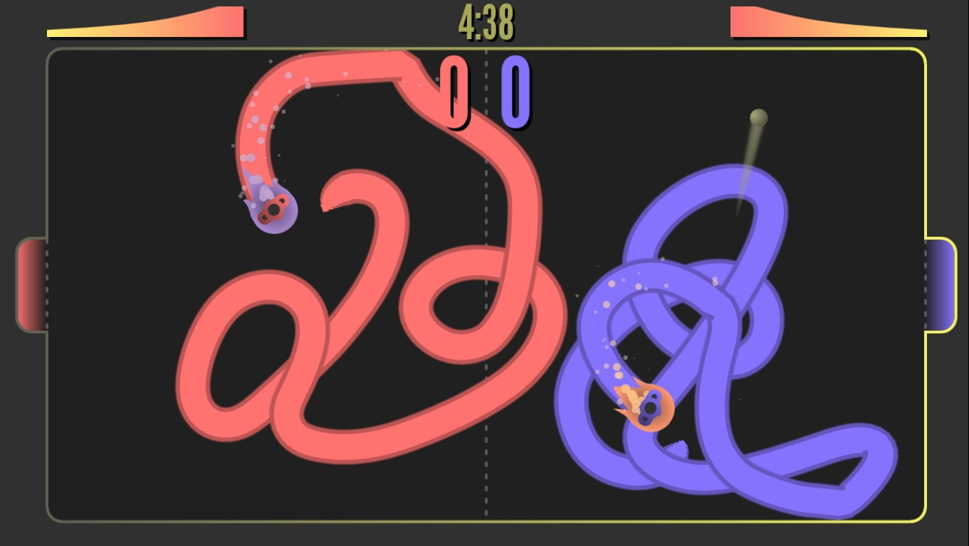 Screenshot of the game. Top-down view of a stylised football field. The player on the left is red, the player on the right is blue. Both players have very long tails and are currently on fire. The score is 0-0.