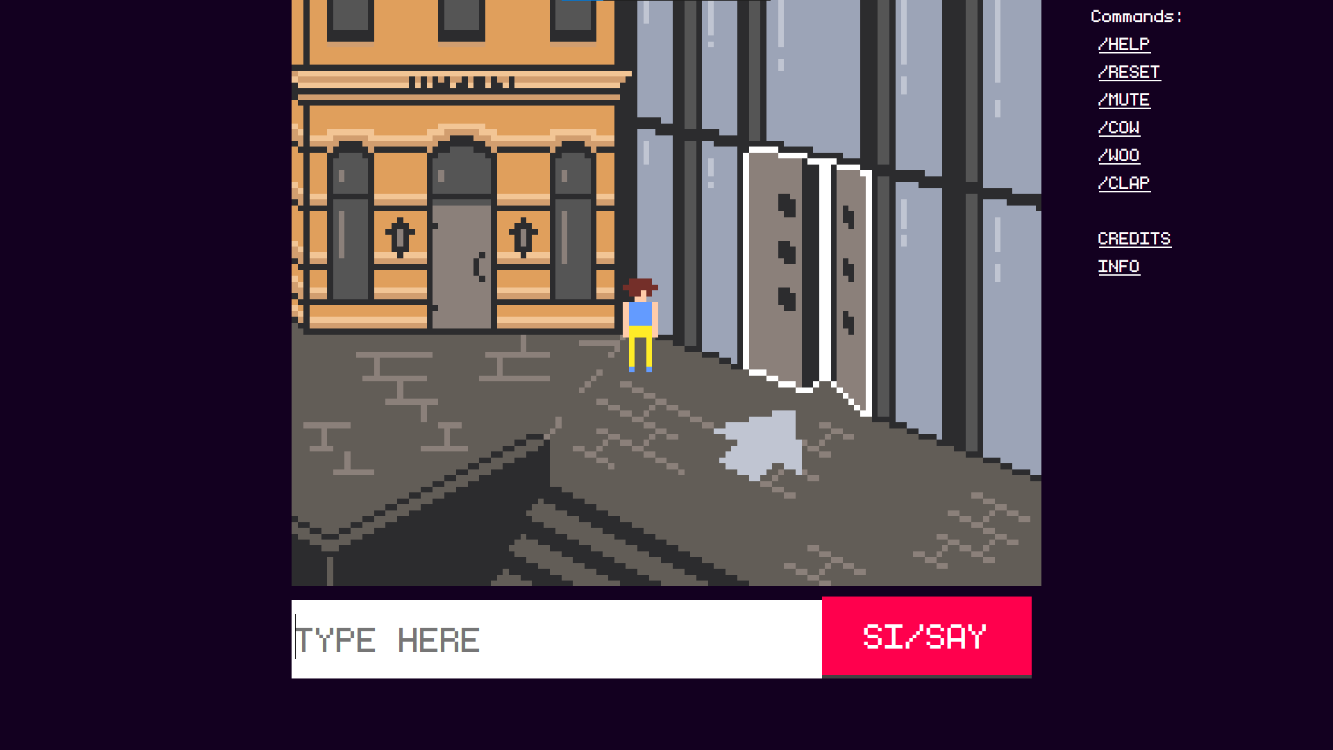 Screenshot of the entrance to the space, a pixellated rendition of the actual museum entrance, by James Morwood.