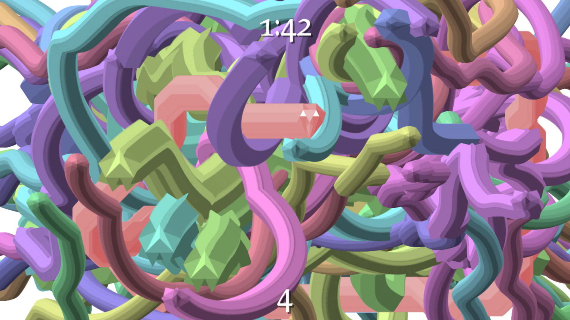 A screenshot of the game. A strange mess of extruded abstract shapes, with a timer reading '1:42' at the top of the screen, and a score of 4 at the bottom.