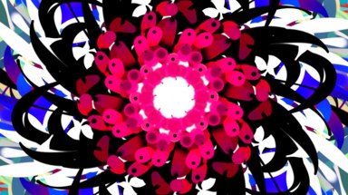 A screenshot of the instrument's output. A mandala of pink, white, black and blue, spiralling out from the centre of the screen.