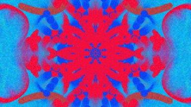 A screenshot of the instrument's output. A kaleidoscope of vivid red and bright blue mandalas, overlaid with noise, pixellated towards the edges of the screen.