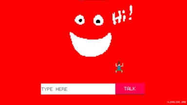 My room, all in red, except a pair of eyes, a big white grin, and the text 'HI!''.