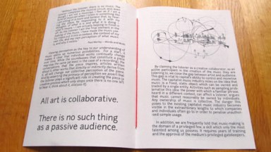 The central 2 pages of the zine, including a quote from Paul Morley's Words and Music, another graphic score (I didn't credit it, oops!), and the slogan: 'All art is collaborative. There is no such thing as a passive audience'.