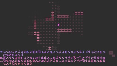 A screenshot of the game. The screen is made up of abstract, monospaced glyphs, against a dark grey background. There are lines of text using these glyphs at the bottom of the screen, while above them is a rudimentary map made up of the same glyphs, with the player character in the centre (also a glyph).