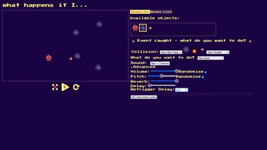 The 'what happens if I...' game making tool in action, showing 2 objects colliding and a dialog asking the user what they want to happen when those objects collide.