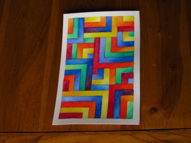 A painting of brightly-coloured right angle lines.
