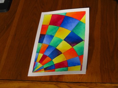 A painting of a brightly-coloured radial grid