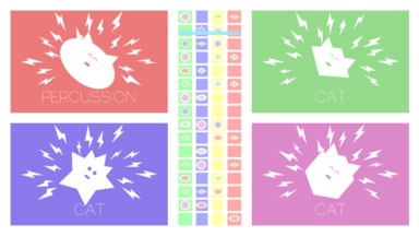 A screenshot of the game. All four shapes have are rotated 45 degrees, have triangular cat ears, and are emitting lightning bolts.
