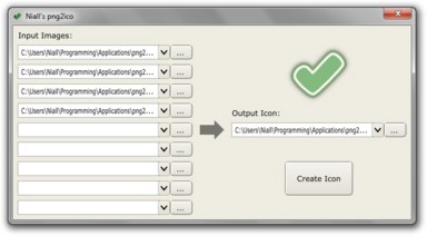 Screenshot of png2ico. A simple interface with file selectors on the left to select the input png images, and another selector on the right to set the output file name.