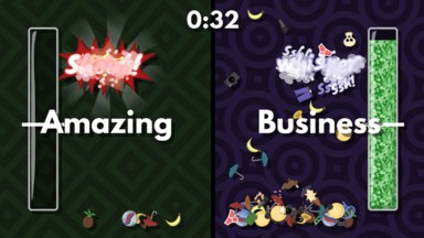 Screenshot of the game in action. On the left the blue team have collected a handful of score items and are currently being asked to shout the word 'Amazing', while on the right the green team have collected a lot of score items and are being asked to whisper the word 'Business'.