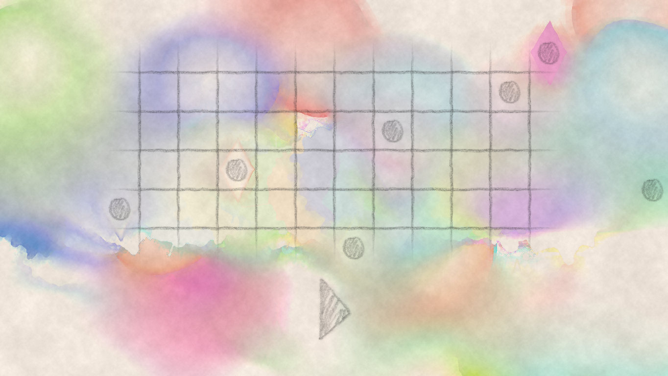 A screenshot of the work. A pencil sketch grid populated with large shaded dots, against a multicoloured watercolour background.