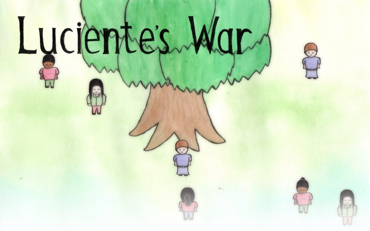 Screenshot of the game. Ink and watercolour graphics, with a large tree at the centre-top, and a handful of figures stood around. The words 'Luciente's War' in large hand-drawn letters at the top left of the screen.