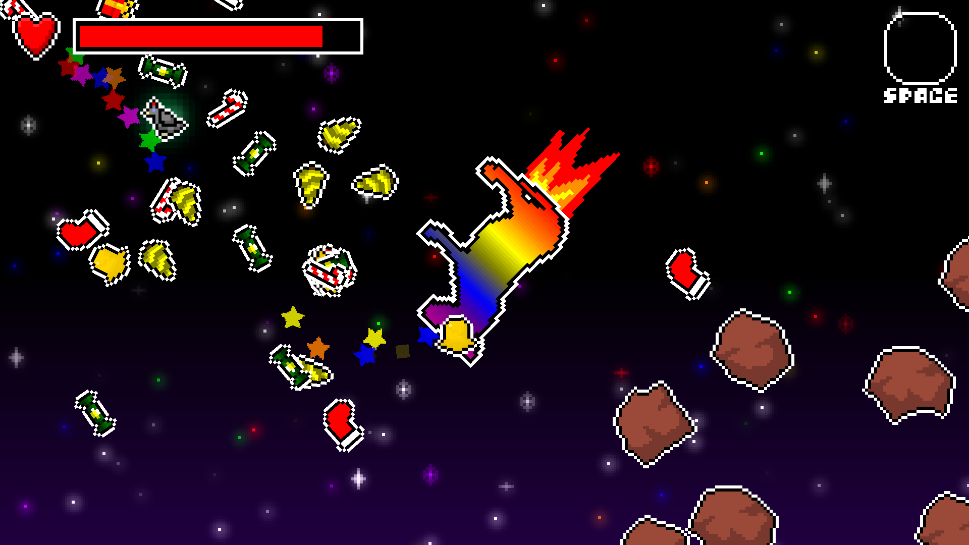 Screenshot of the game. A pixelated rainbow-coloured donkey in the centre of the screen with flames coming from its butt, surrounded by various presents, Christmas decorations and asteroids.