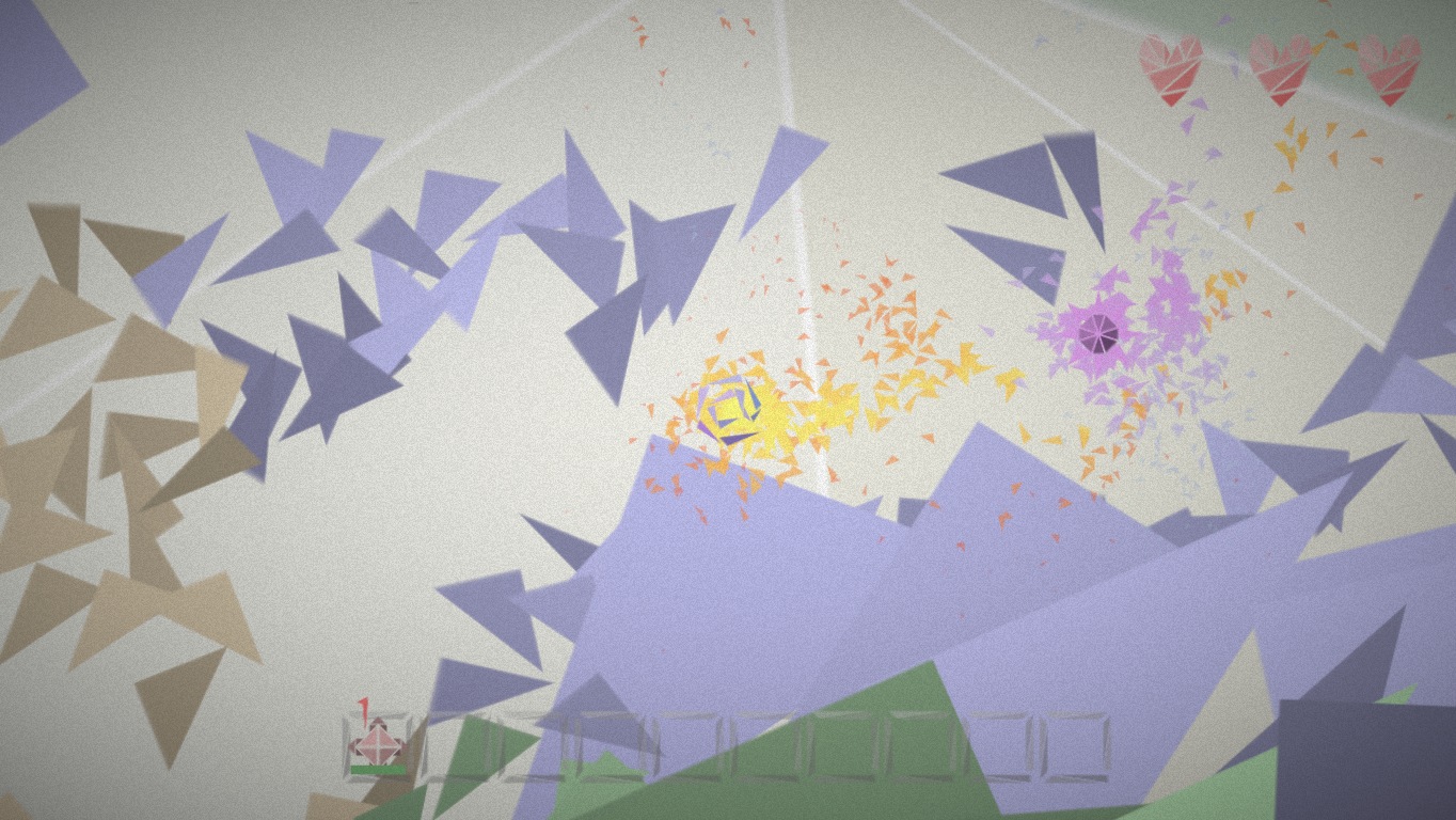 Screenshot of the game. The game's visuals are entirely built out of 2D flat-shaded triangles. The player is in the centre (a tesselated @-symbol). The player is emitting a significant number of orange-yellow triangular particles, while a nearby enemy is emitting a similar number of pale purple particles. The level geometry is made up of scattered triangles of all different sizes.