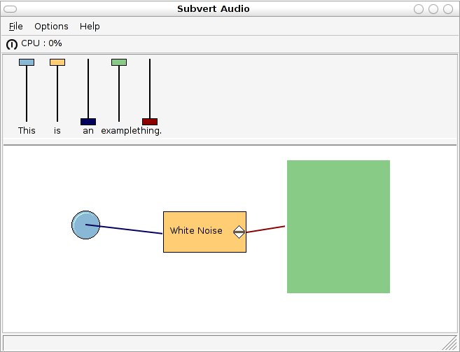 Screenshot of Subvert Audio. Shows 3 audio objects connected together in series with straight black lines. At the top of the window is a series of vertical sliders used to control the output volume of each object.